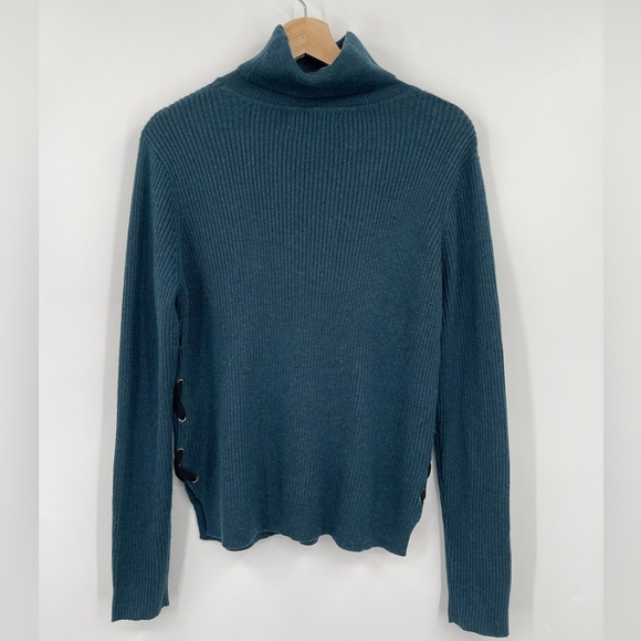 John + Jenn Turtleneck Sweater Ribbed with Lace Up Side Detail Teal Size Large - Picture 2 of 8